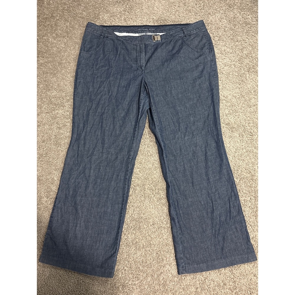 Michael Kors Plus Size 22W Blue Cotton Chambray Wide Leg Trousers Buckle Waist